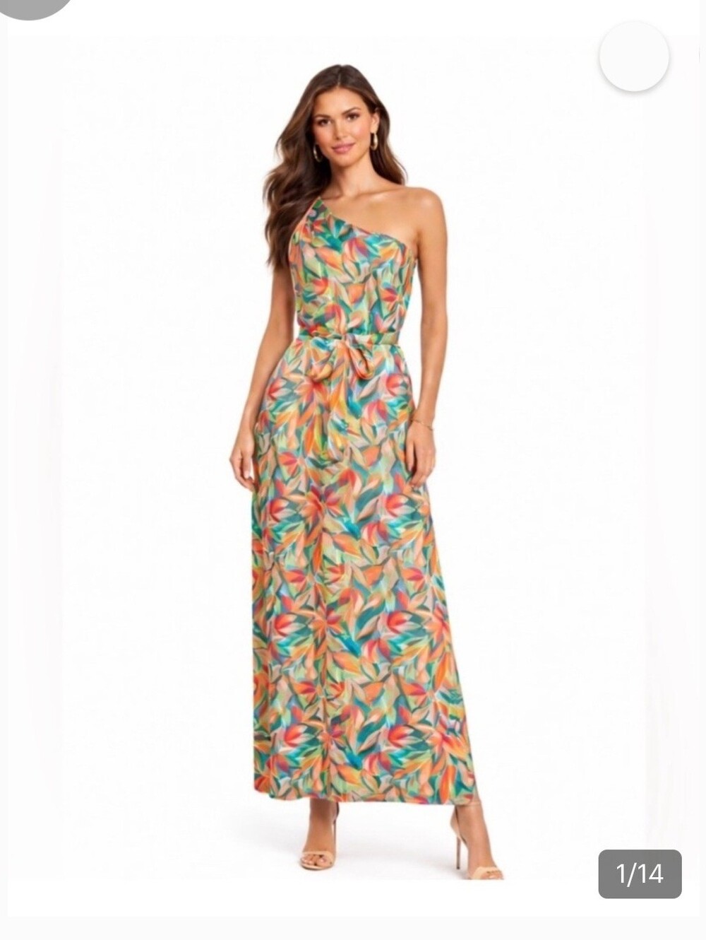 One-Shoulder Tropical Leaf Print Maxi Dress - Multi Sz 12
